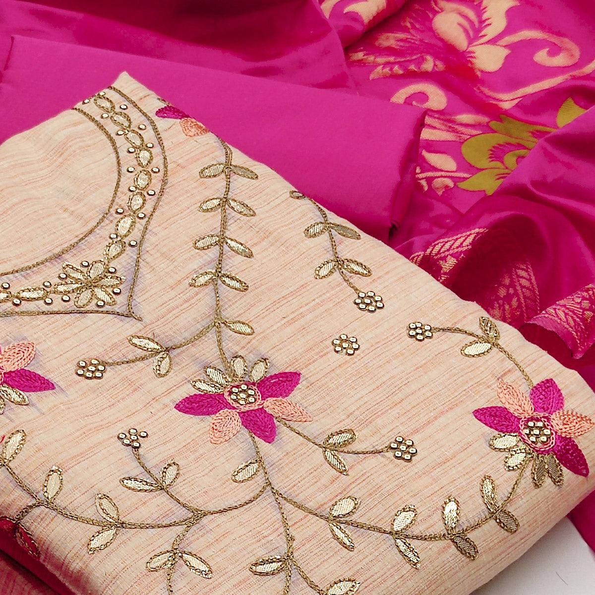 Glorious Light Peach Colored Festive Wear Embroidered Handloom Cotton Dress Material