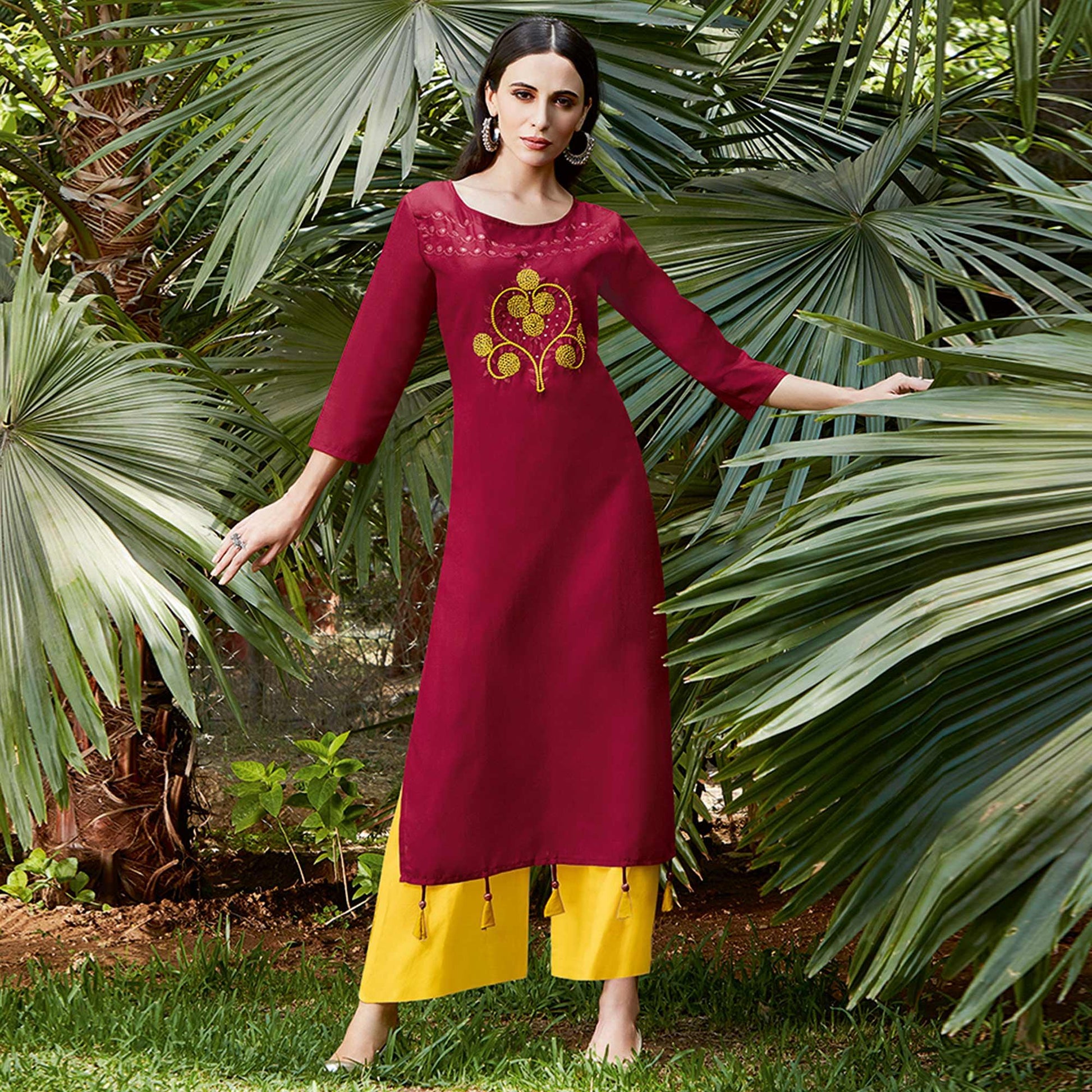 Glorious Maroon Colored Casual Wear Embroidered Cotton Sulb Kurti