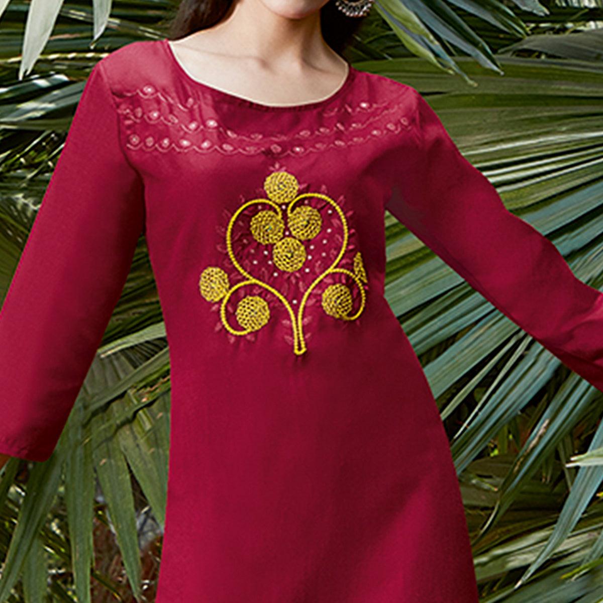 Glorious Maroon Colored Casual Wear Embroidered Cotton Sulb Kurti