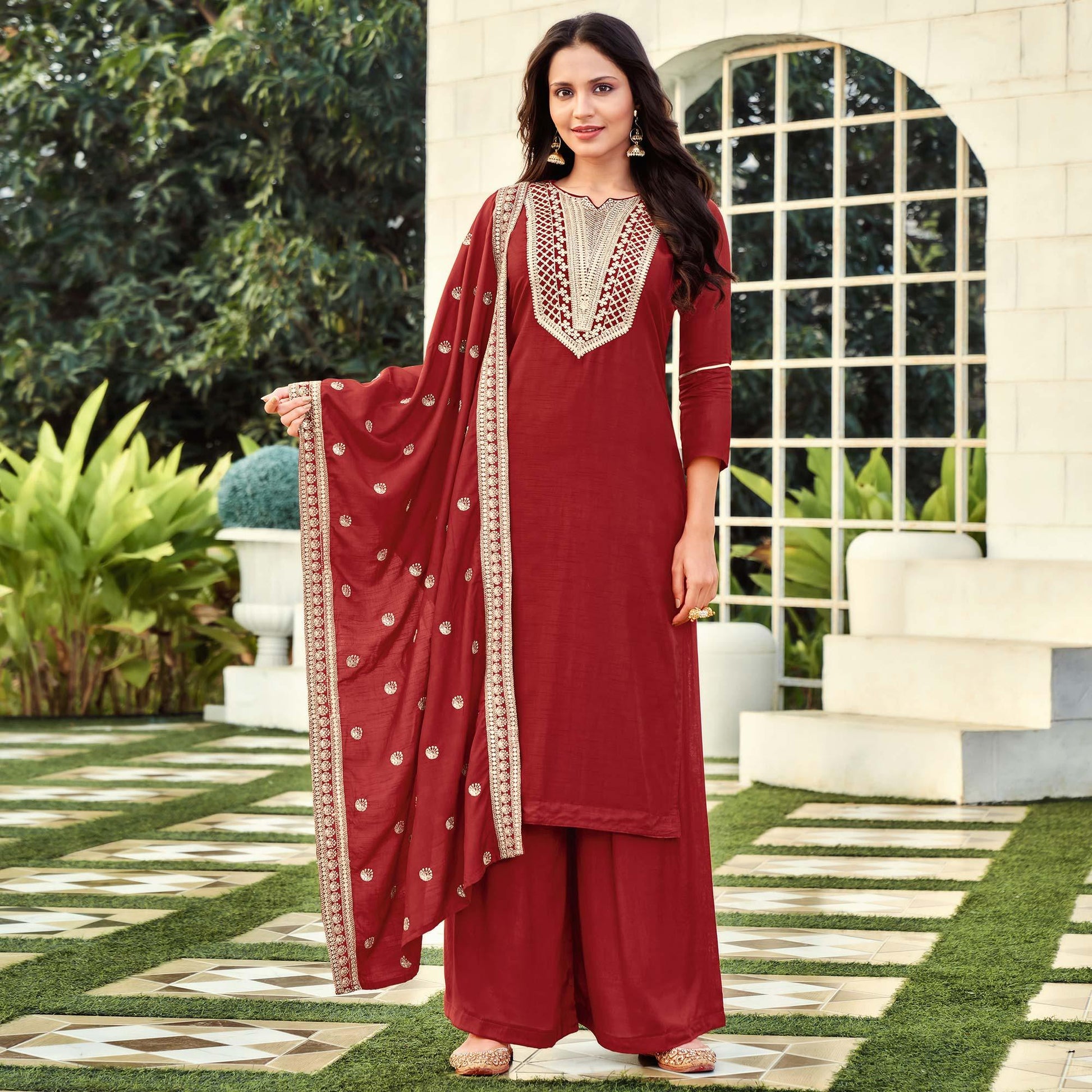 Glorious Maroon Colored Festive Wear Embroidered Art Silk Dress Material
