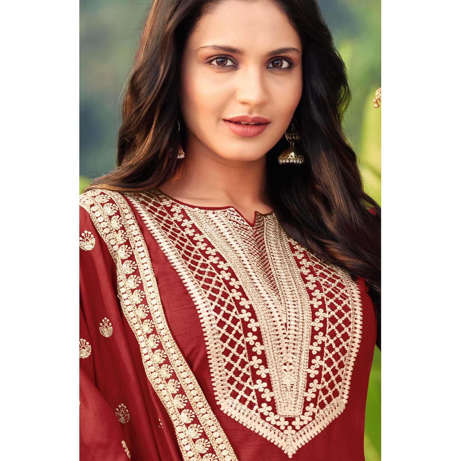 Glorious Maroon Colored Festive Wear Embroidered Art Silk Dress Material