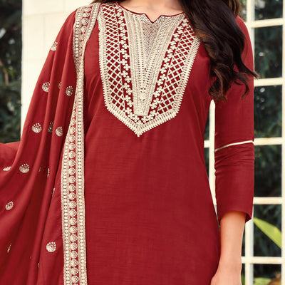 Glorious Maroon Colored Festive Wear Embroidered Art Silk Dress Material