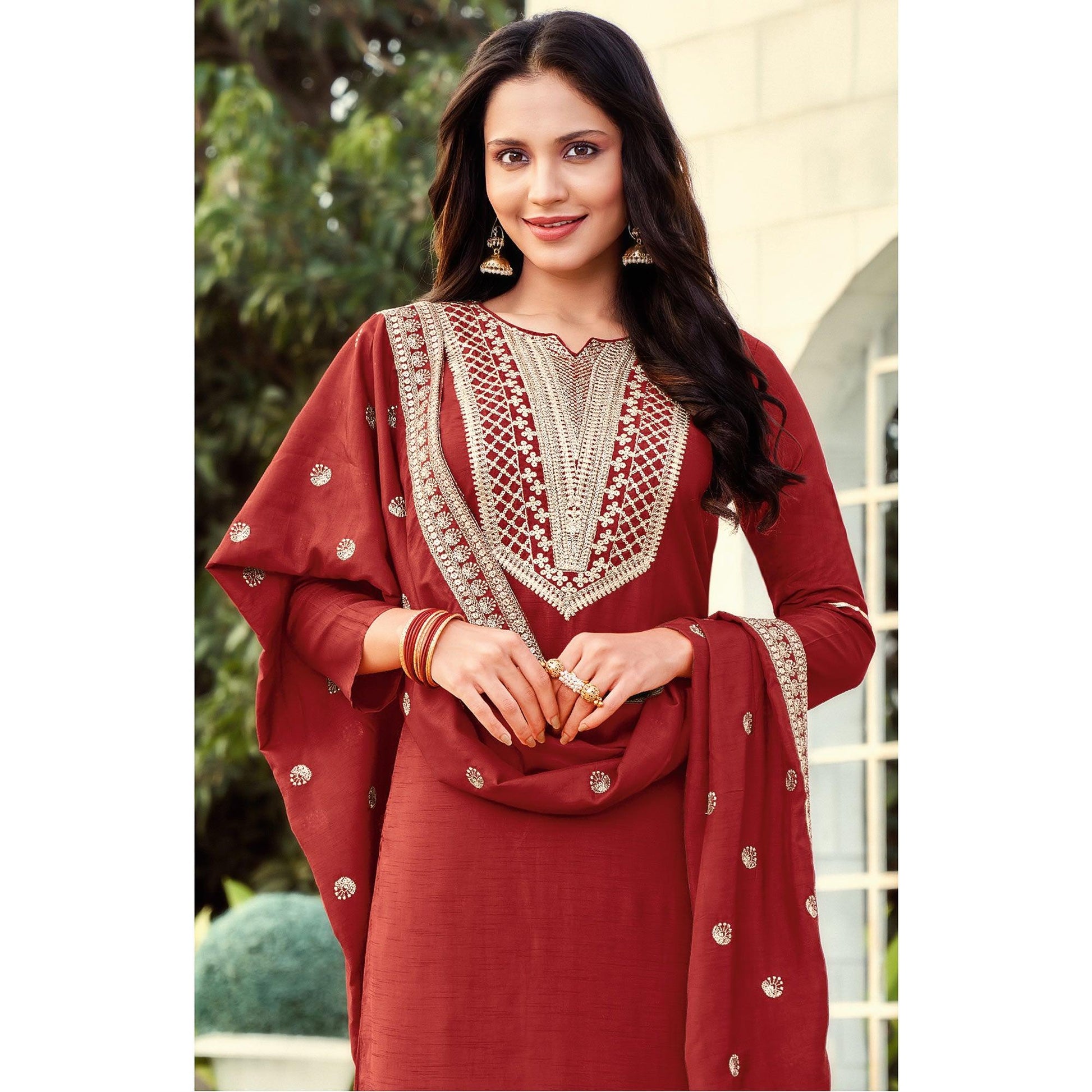Glorious Maroon Colored Festive Wear Embroidered Art Silk Dress Material