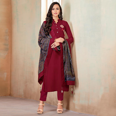 Glorious Maroon Colored Partywear Cotton Suit