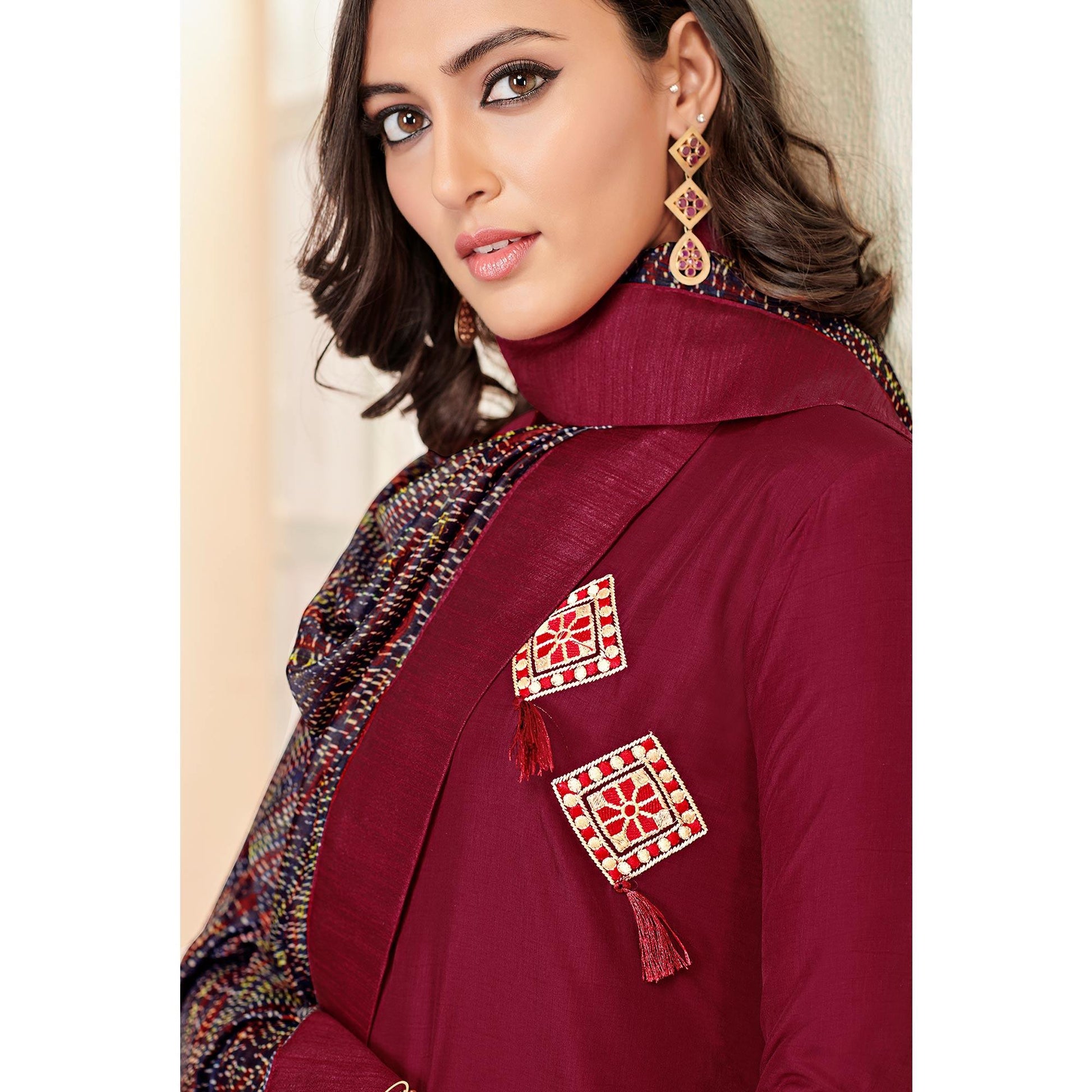 Glorious Maroon Colored Partywear Cotton Suit
