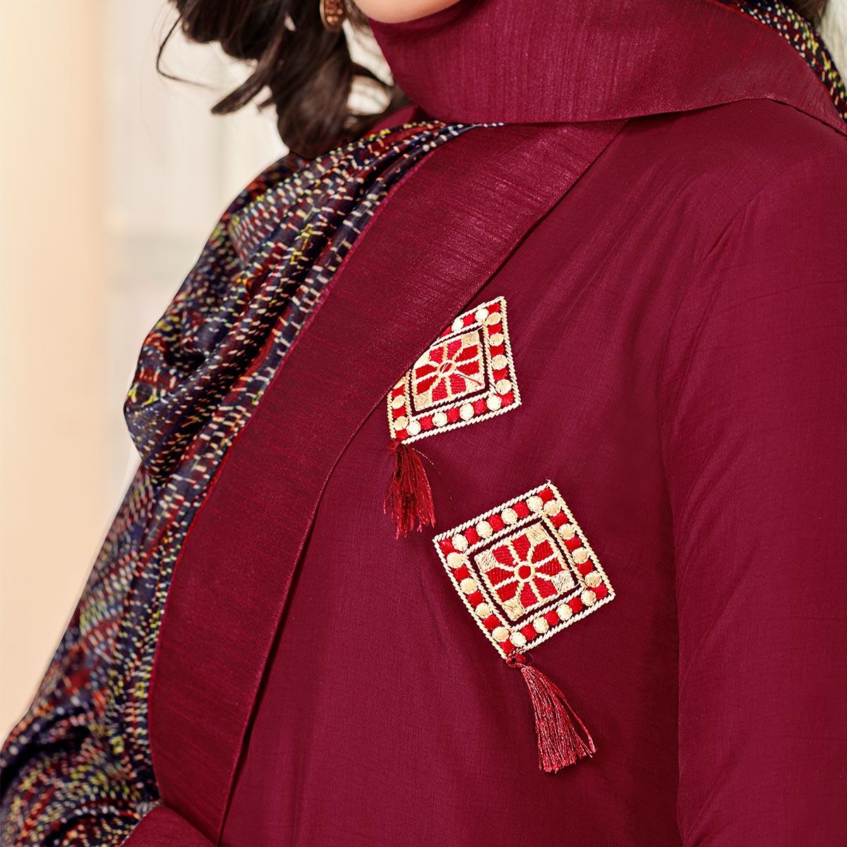 Glorious Maroon Colored Partywear Cotton Suit