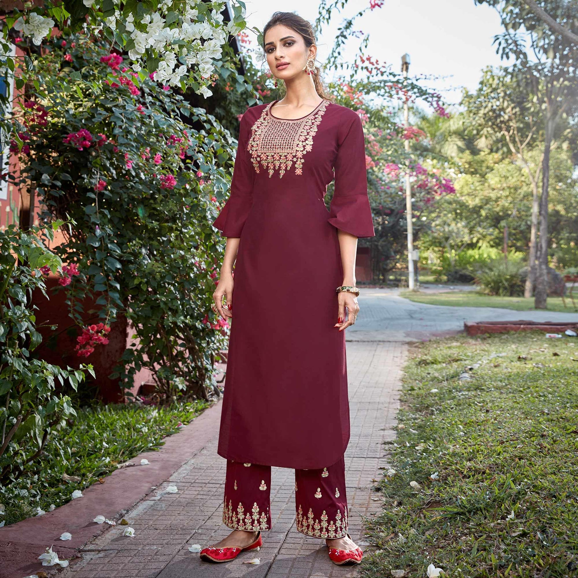 Glorious Maroon Colored Partywear Embroidered Cotton Silk Kurti-Palazzo Set