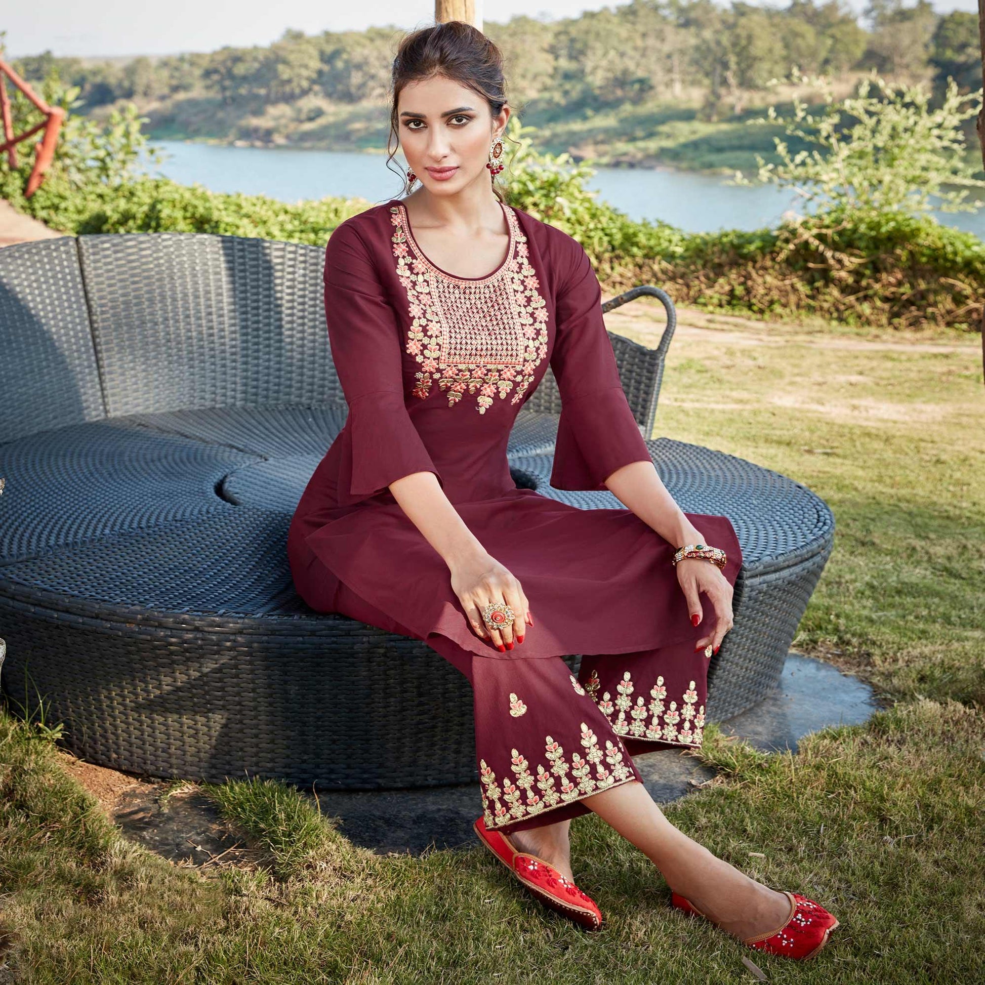 Glorious Maroon Colored Partywear Embroidered Cotton Silk Kurti-Palazzo Set