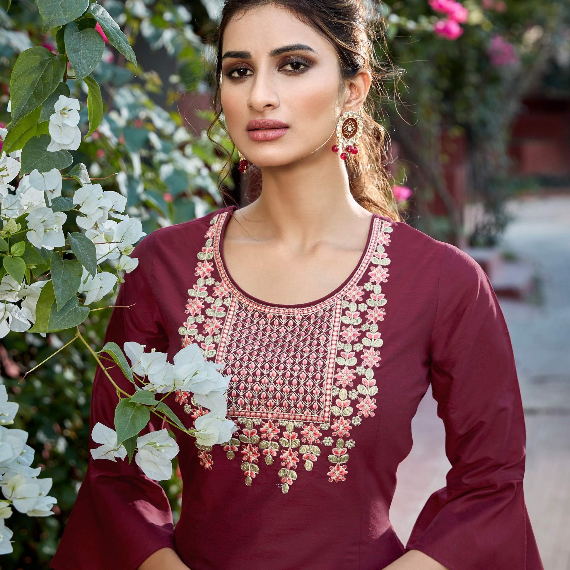 Glorious Maroon Colored Partywear Embroidered Cotton Silk Kurti-Palazzo Set