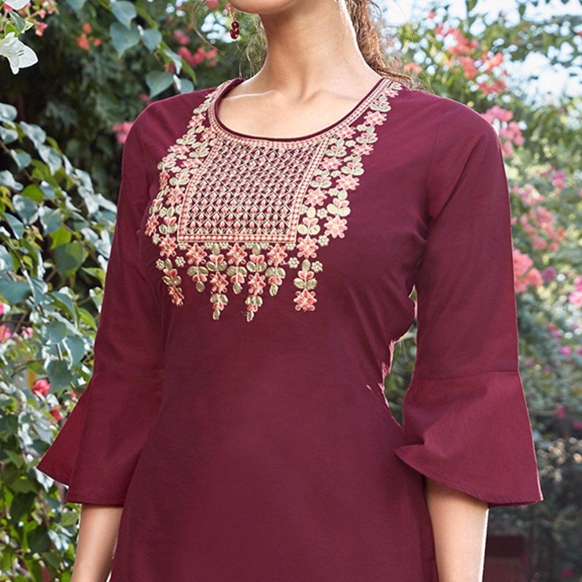 Glorious Maroon Colored Partywear Embroidered Cotton Silk Kurti-Palazzo Set