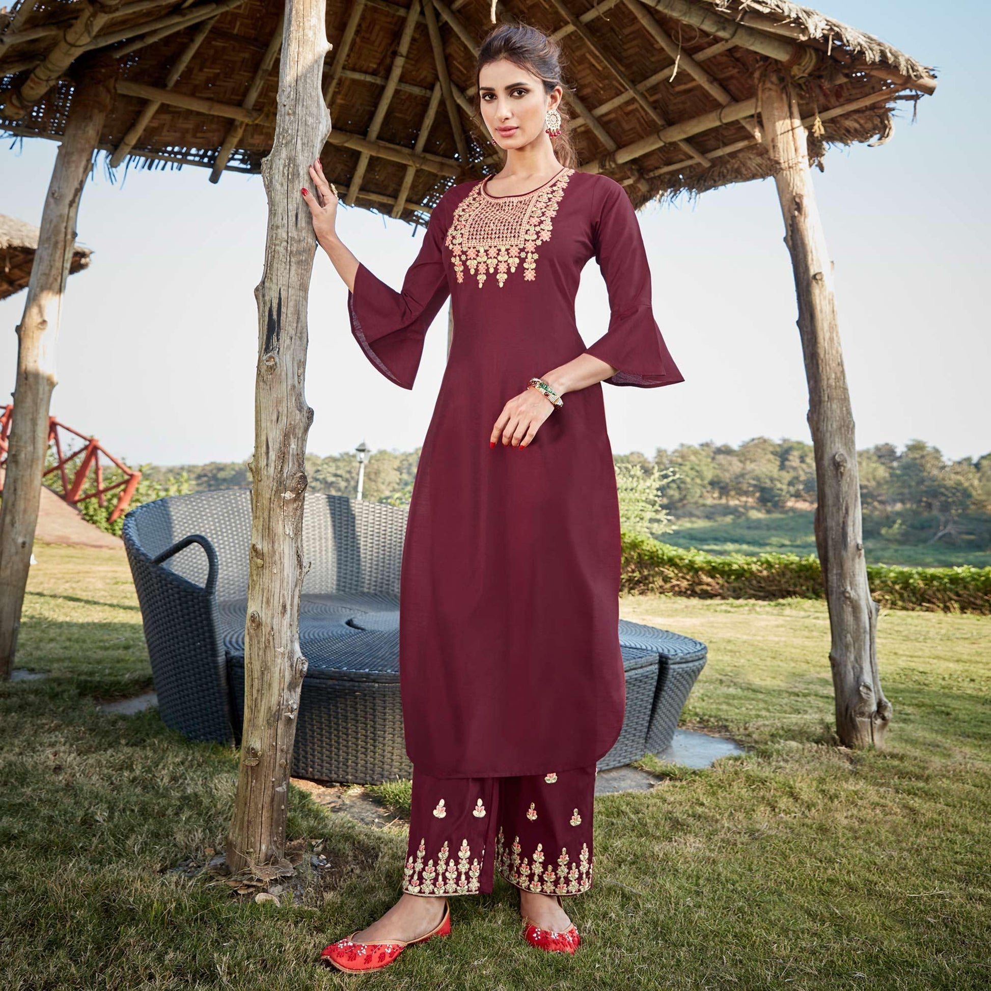 Glorious Maroon Colored Partywear Embroidered Cotton Silk Kurti-Palazzo Set