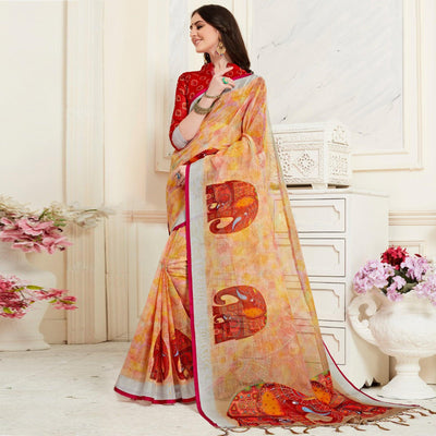Glorious Multi Colored Casual Elephant Digital Printed Linen Saree