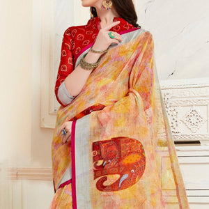 Glorious Multi Colored Casual Elephant Digital Printed Linen Saree