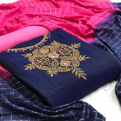 Glorious  Navy Blue Colored Casual Wear Embroidered Chanderi Dress Material