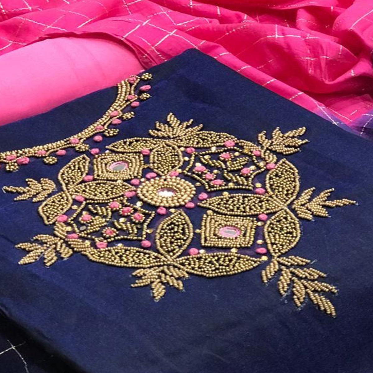 Glorious  Navy Blue Colored Casual Wear Embroidered Chanderi Dress Material