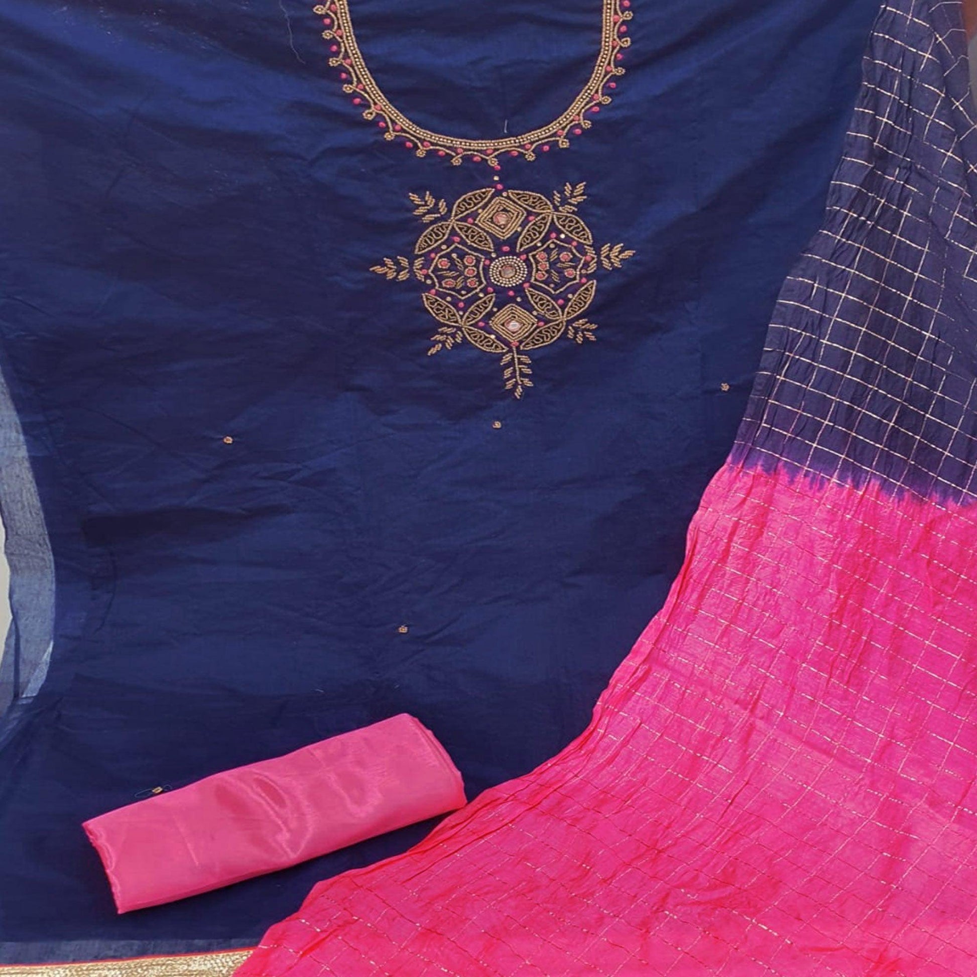 Glorious  Navy Blue Colored Casual Wear Embroidered Chanderi Dress Material
