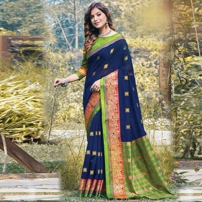 Glorious Navy Blue Colored Festive Wear Woven Cotton Saree