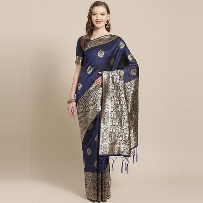 Glorious Navy Blue Colored Festive Wear Woven Silk Blend Saree