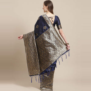 Glorious Navy Blue Colored Festive Wear Woven Silk Blend Saree