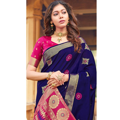 Glorious Navy Blue Colored Festive Wear Woven Silk Saree