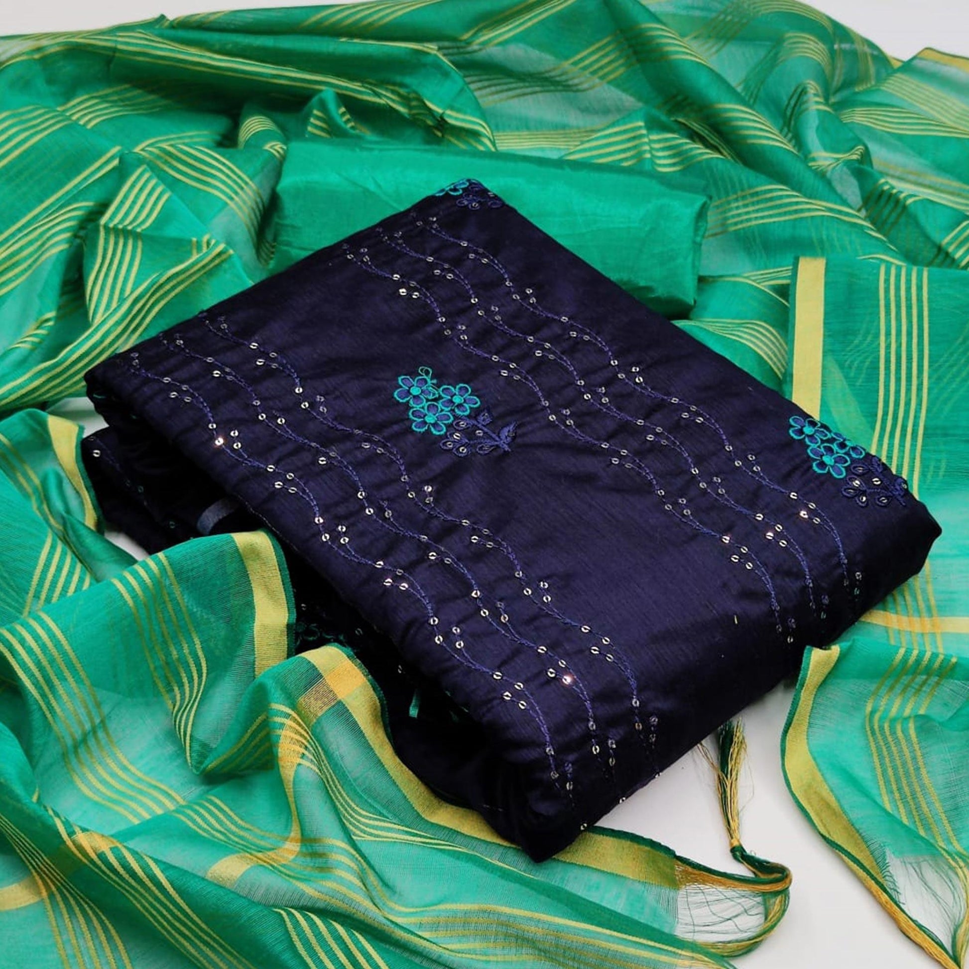 Glorious Navy Blue - Green Colored Casual Wear Embroidered Chanderi Dress Material