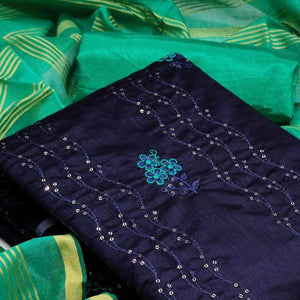 Glorious Navy Blue - Green Colored Casual Wear Embroidered Chanderi Dress Material