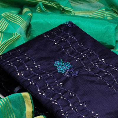 Glorious Navy Blue - Green Colored Casual Wear Embroidered Chanderi Dress Material