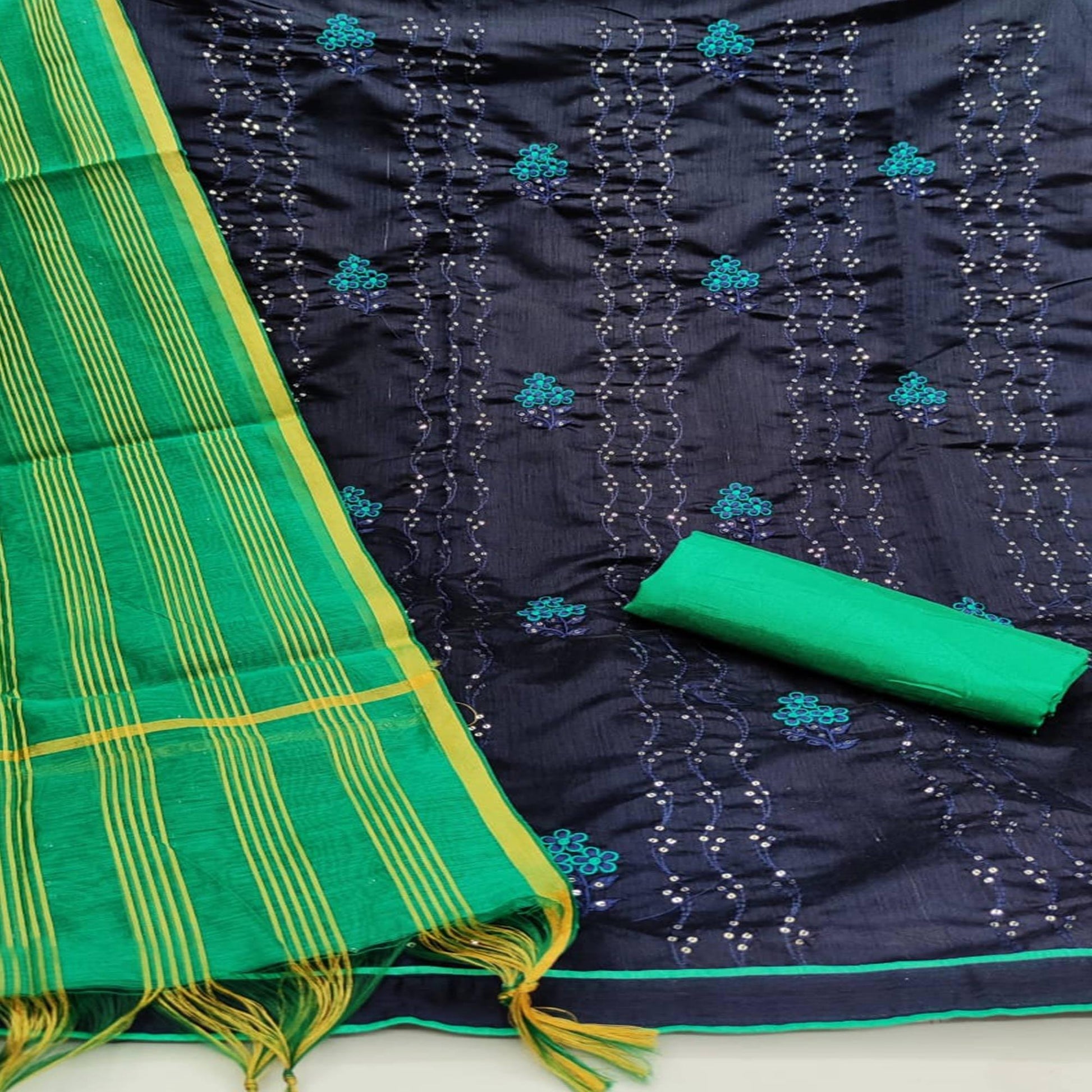 Glorious Navy Blue - Green Colored Casual Wear Embroidered Chanderi Dress Material