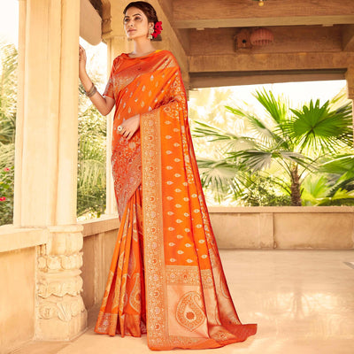 Glorious Orange Coloured Designer Partywear Weaving Silk Saree