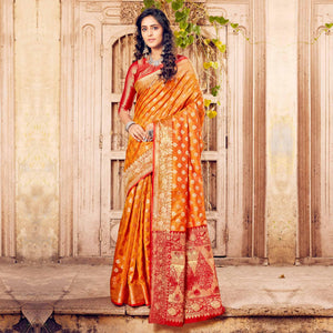 Glorious Orange Coloured Designer Partywear Weaving Silk Saree