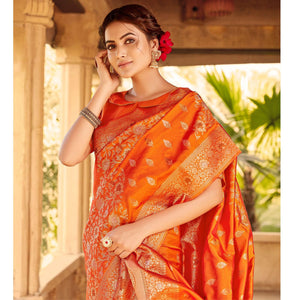 Glorious Orange Coloured Designer Partywear Weaving Silk Saree