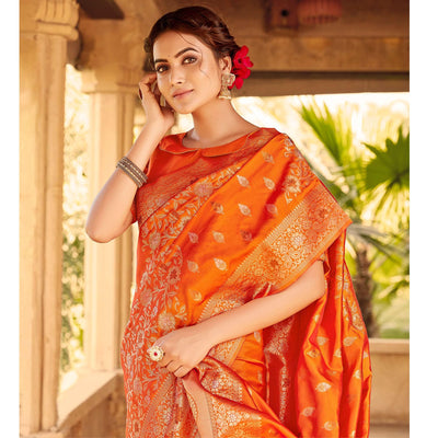 Glorious Orange Coloured Designer Partywear Weaving Silk Saree