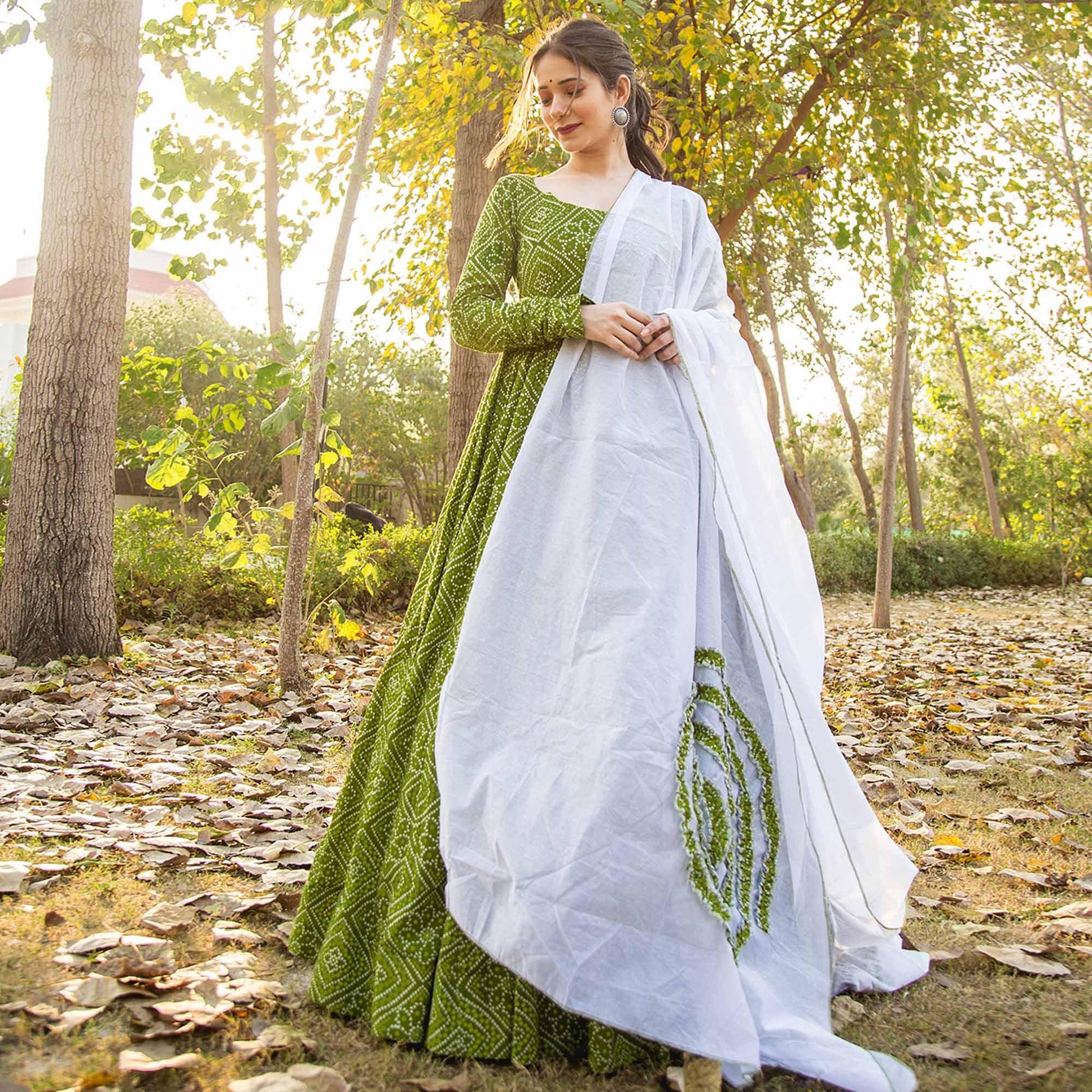 Glorious Partywear Designer Bandhani Green Colored Pure Muslin Anarkali Suit With Dupatta