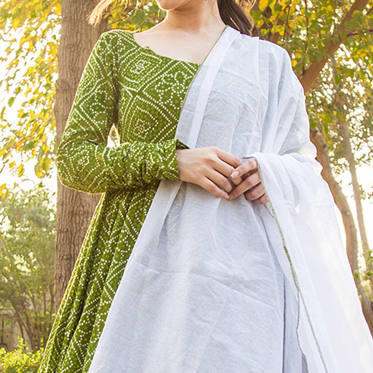 Glorious Partywear Designer Bandhani Green Colored Pure Muslin Anarkali Suit With Dupatta