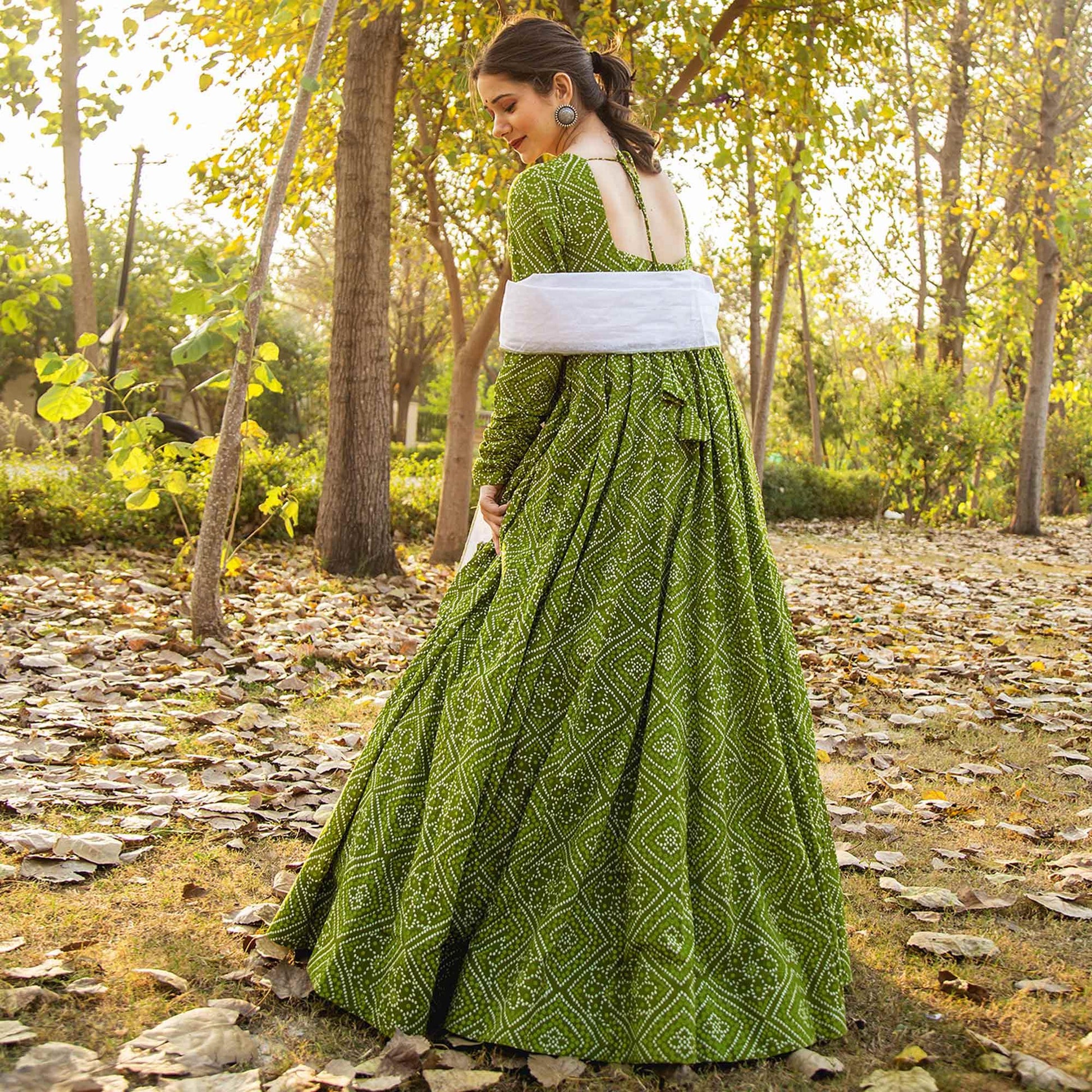 Glorious Partywear Designer Bandhani Green Colored Pure Muslin Anarkali Suit With Dupatta