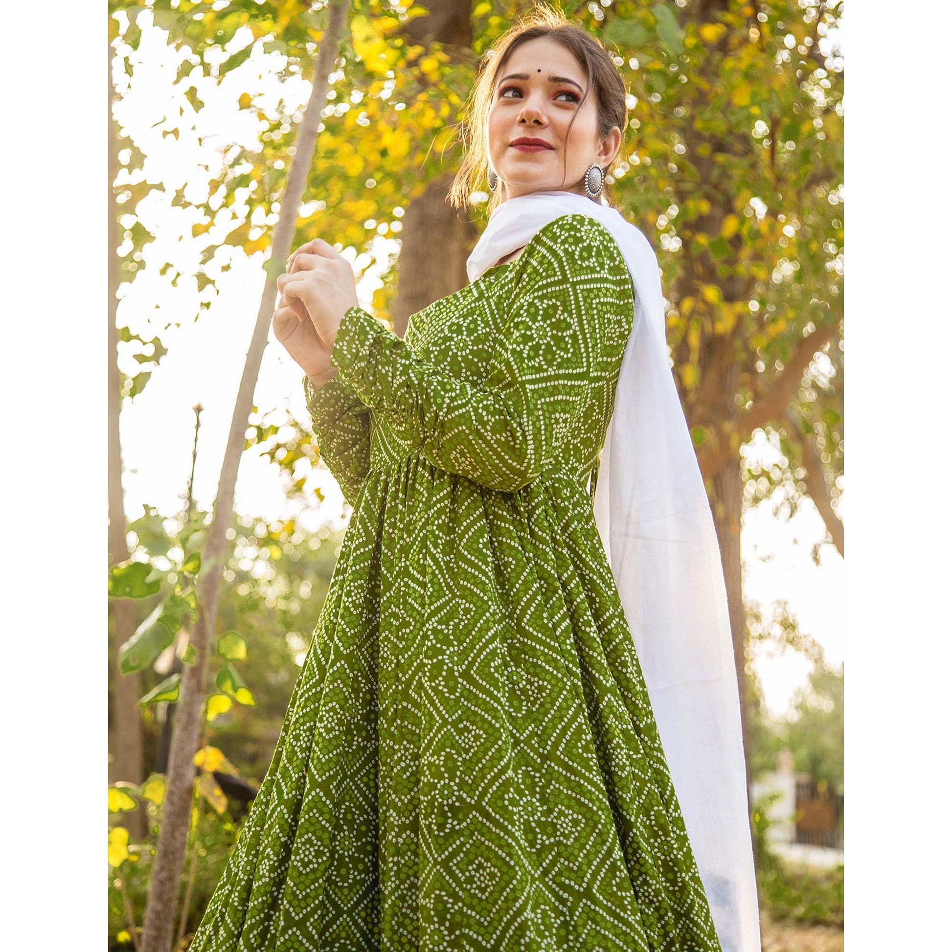 Glorious Partywear Designer Bandhani Green Colored Pure Muslin Anarkali Suit With Dupatta