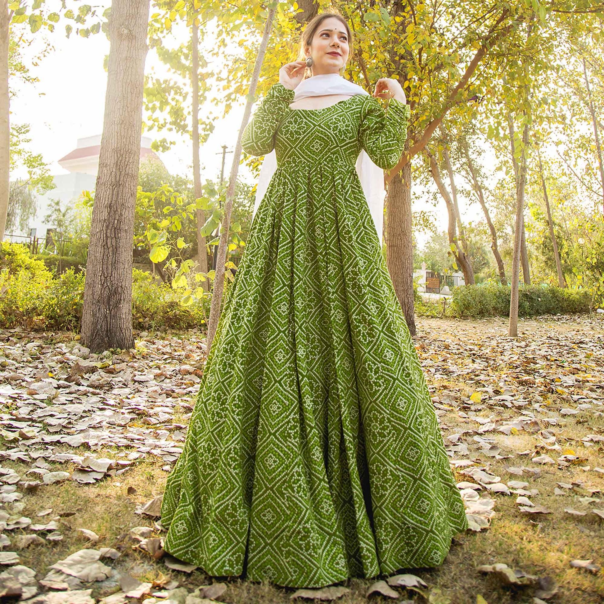 Glorious Partywear Designer Bandhani Green Colored Pure Muslin Anarkali Suit With Dupatta