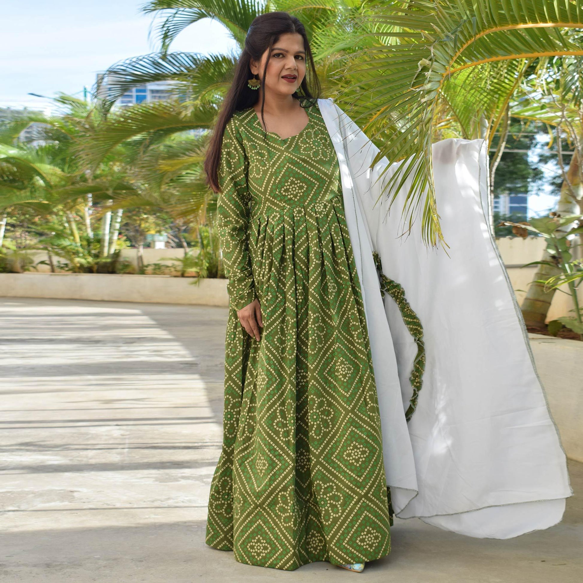 Glorious Partywear Designer Bandhani Green Colored Pure Muslin Anarkali Suit With Dupatta