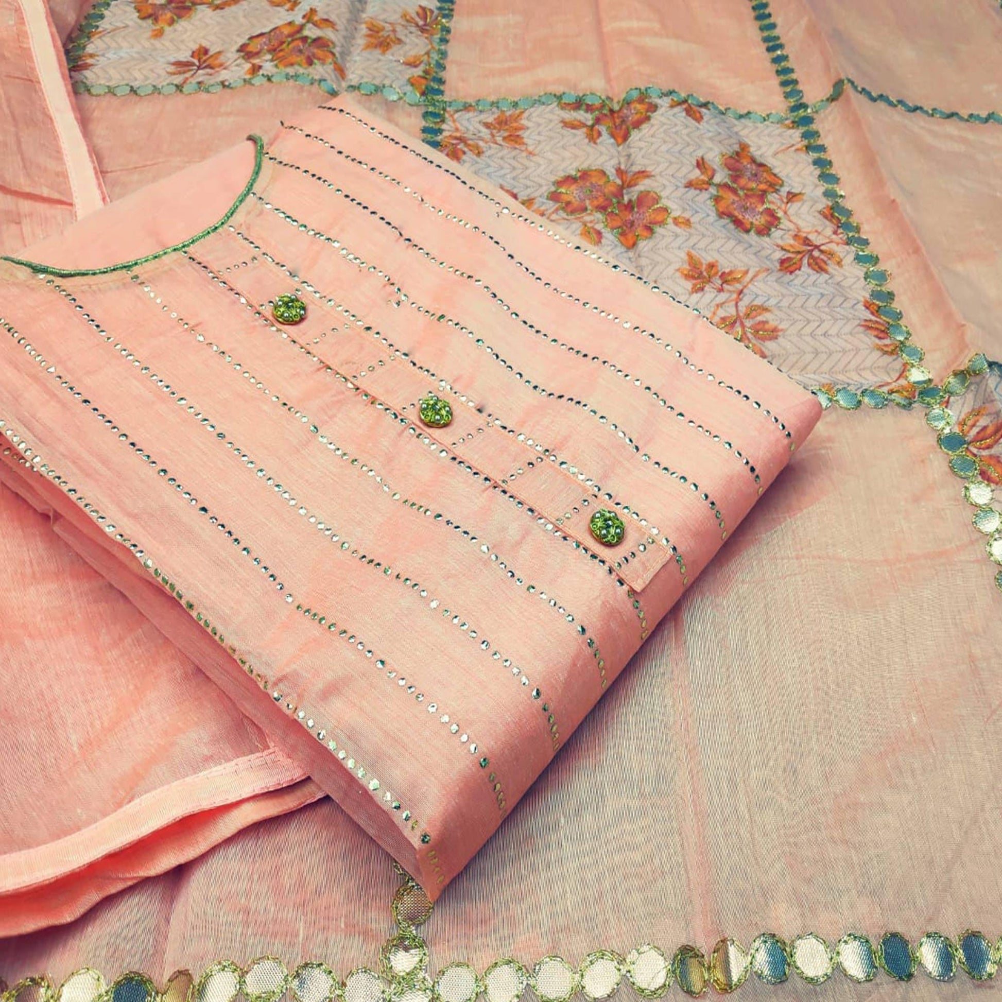 Glorious Peach Colored Casual Wear Embroidered Modal Silk Dress Material