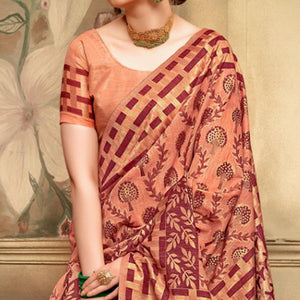 Glorious Peach Colored Festive Wear Woven Cotton Silk Saree