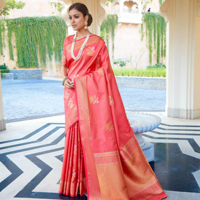 Glorious Peach Colored Festive Wear Woven Fancy Silk Saree