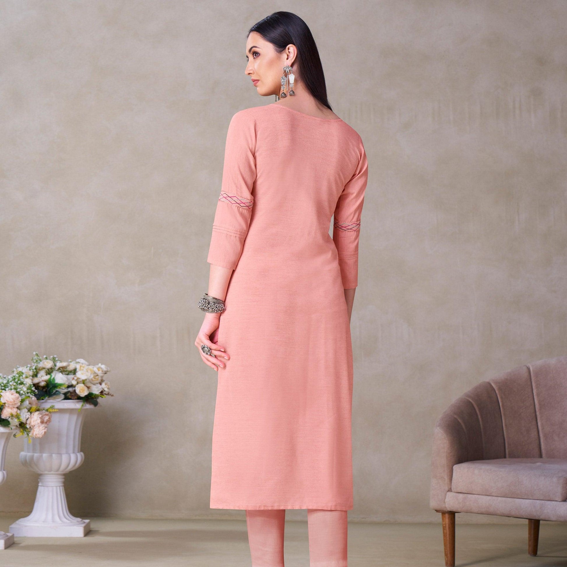Glorious Peach Colored Partywear Embroidered Viscose Kurti