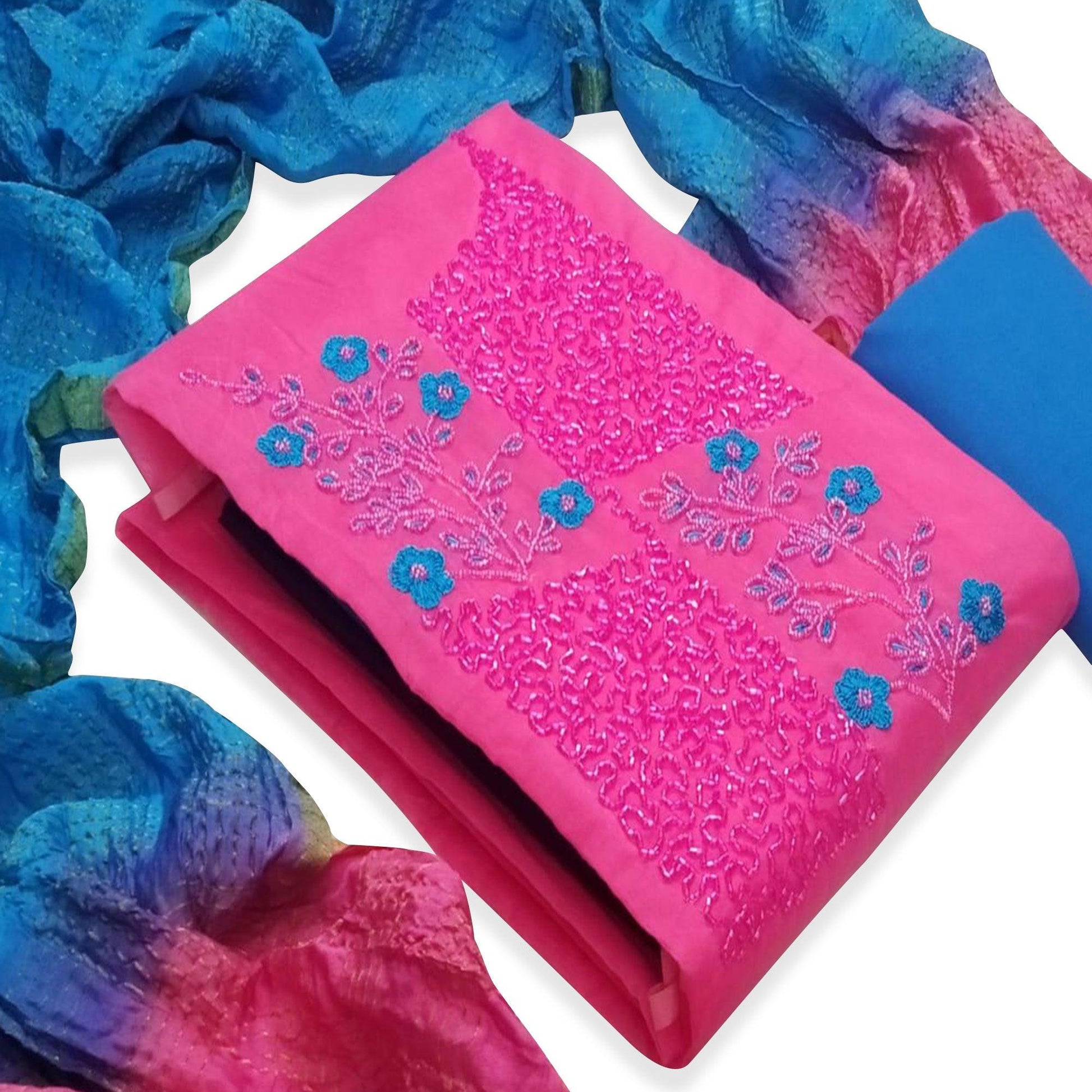 Glorious Pink Colored Casual Wear Embroidered Cotton Dress Material