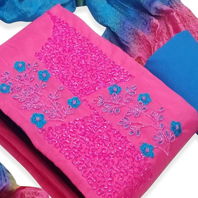 Glorious Pink Colored Casual Wear Embroidered Cotton Dress Material