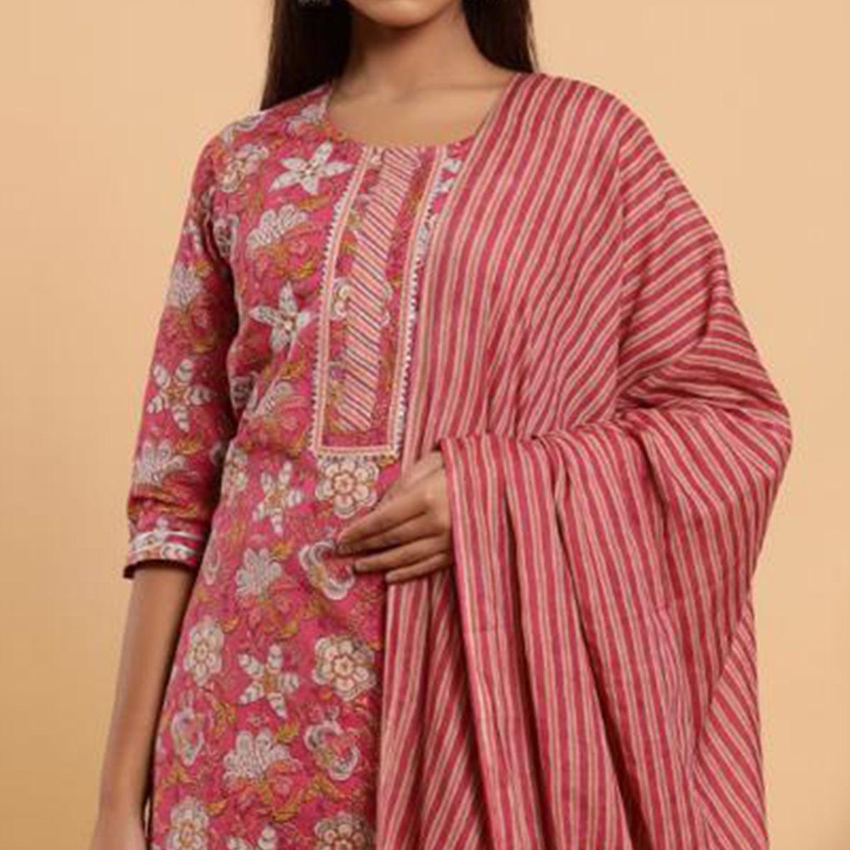 Glorious Pink Colored Casual Wear Printed Cotton Kurti - Palazzo Set With Dupatta