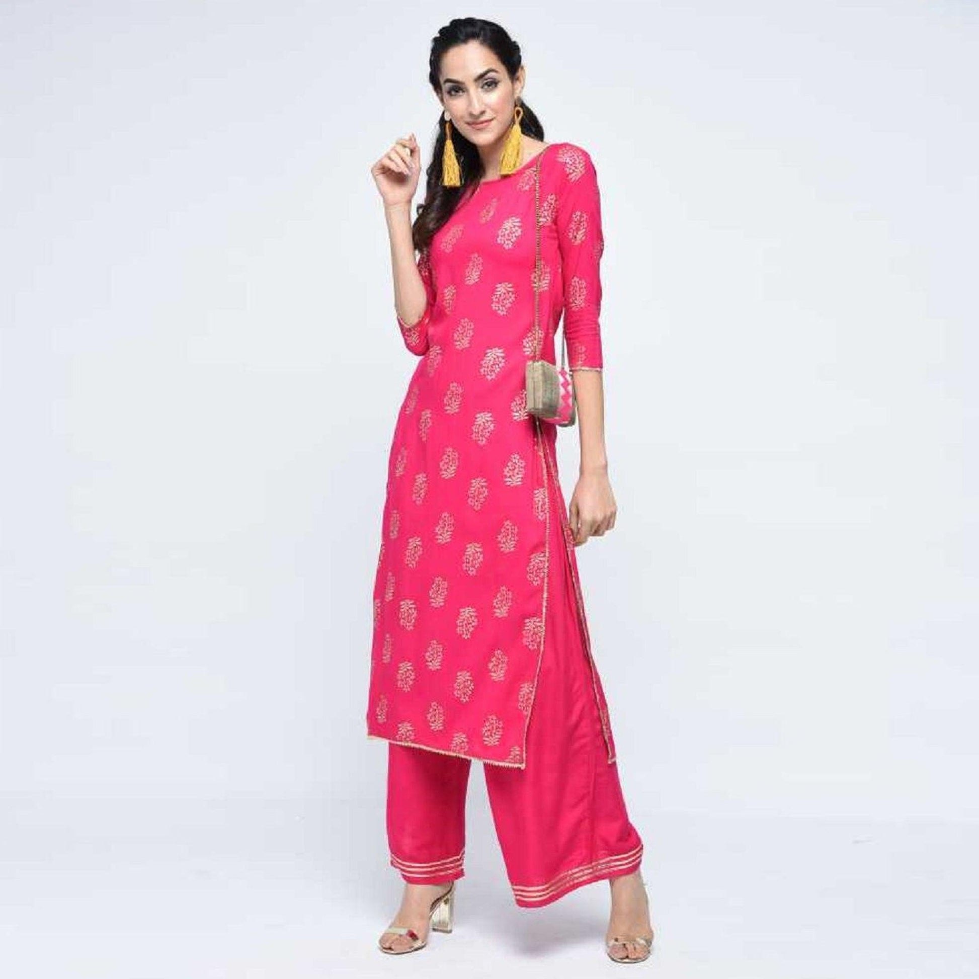 Glorious Pink Colored Casual Wear Printed Straight Calf Length Rayon Kurti