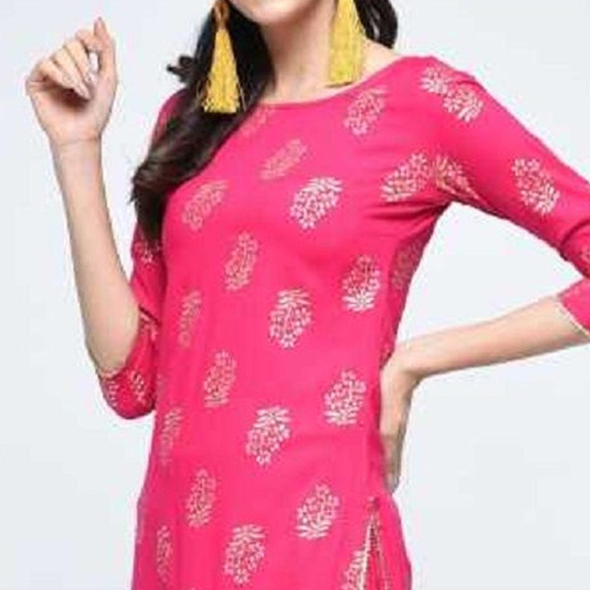 Glorious Pink Colored Casual Wear Printed Straight Calf Length Rayon Kurti