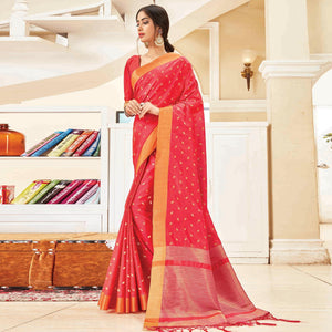 Glorious Pink Colored Festive Wear Woven Handloom Silk Saree With Tassels