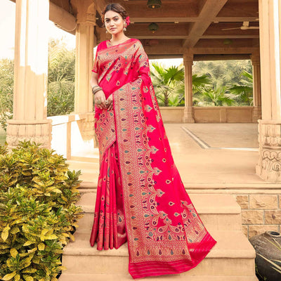Glorious Pink Coloured Designer Partywear Weaving Silk Saree