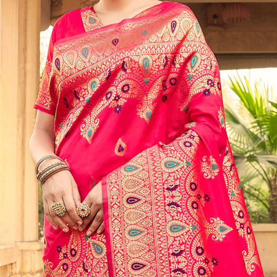 Glorious Pink Coloured Designer Partywear Weaving Silk Saree